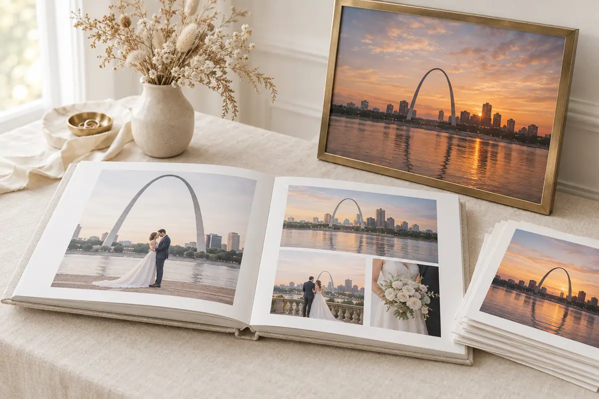 A premium wedding album and prints on a table