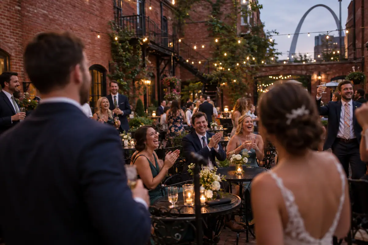 Wedding guests laughing during a candid moment